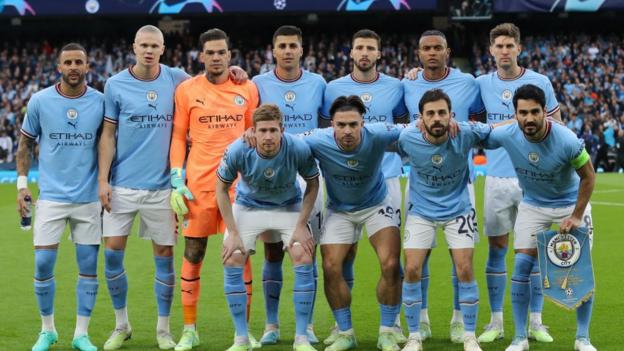 Manchester City players line up before their Champions League semi-final against Real Madrid