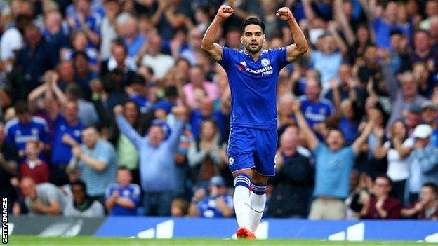 Forward Radamel Falcao celebrates scoring for Chelsea