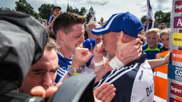 Conor McManus and Malachy O'Rourke show their elation moments after the final whistle