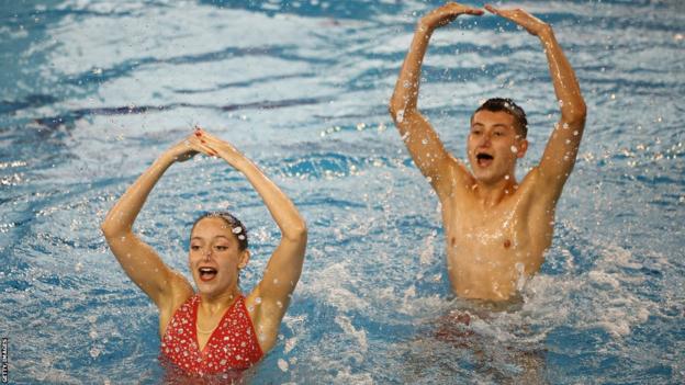 Ranjuo Tomblin and Beatrice Crass of Great Britain compete in the Artistic Swimming mixed duet technical event at the European Games