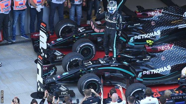 Bottas celebrates winning the Russian Grand Prix