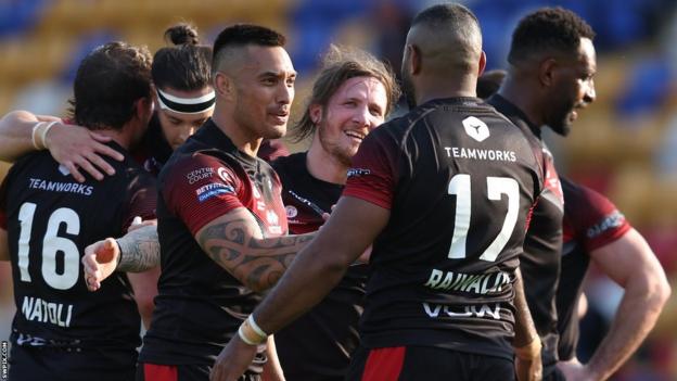 London players celebrate their win over Toulouse at the Summer Bash in York earlier this year