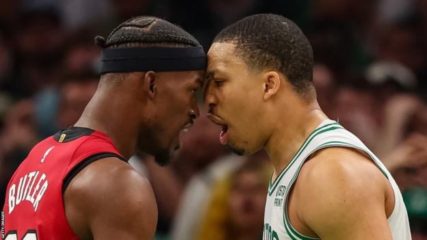Miami Heat's Jimmy Butler (left) was involved in a confrontation with Boston's Grant Williams in the second game of their Eastern Conference finals series