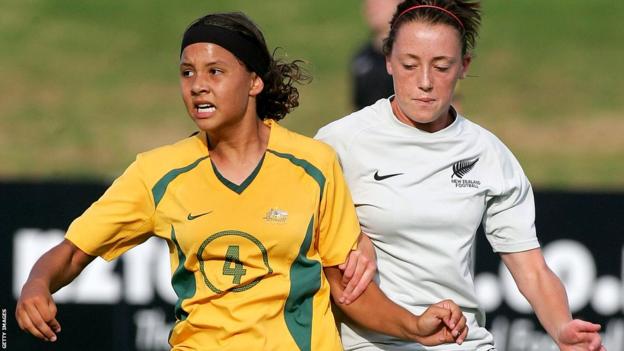 A 14-year-old Kerr (left) plays for Australia under-17s against New Zealand in February 2008