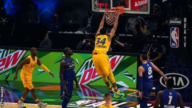 Giannis Antetokounmpo dunks the ball during the 2021 All Star game