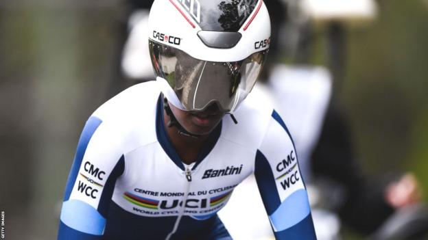 Selam Amha Gerefiel competes at last year's road world championships in Australia wearing the colours of the UCI's World Cycling Centre