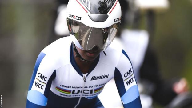 Selam Amha Gerefiel competes astatine  past  year's roadworthy  satellite   championships successful  Australia wearing the colours of the UCI's World Cycling Centre