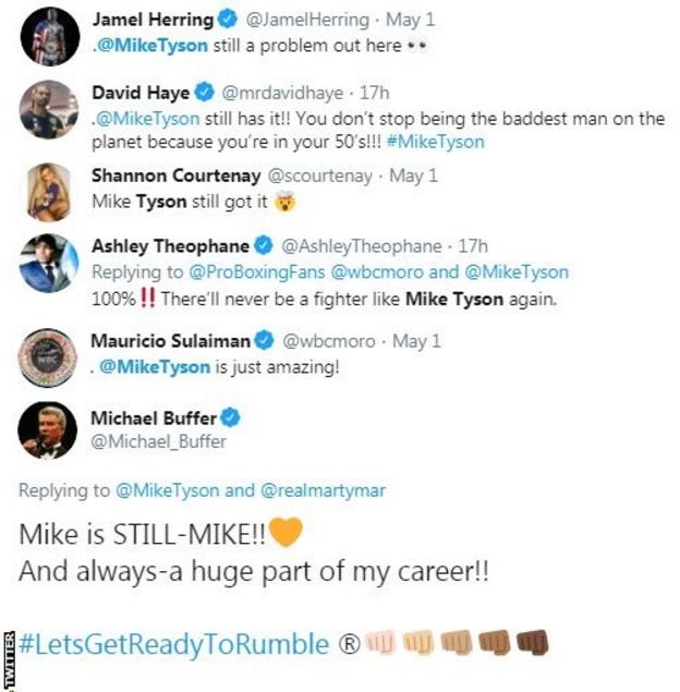 Those in the boxing world react to the Mike Tyson video of him punching the pads. David Haye says Tyson "is still the baddest man on the planet" whilst WBC president Mauricio Sulaiman says "Tyson is just amazing!"