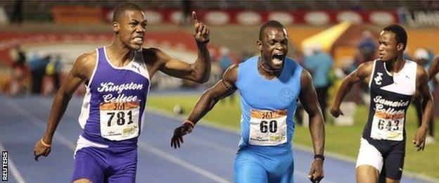 Zharnel Hughes (L) beat Yohan Blake's 100m record when he won the Schools Championships last weekend.