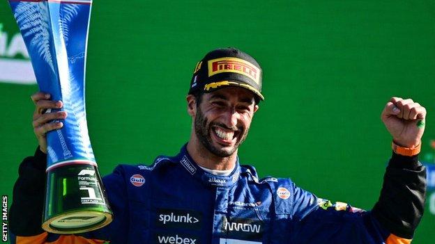 Daniel Ricciardo celebrates winning the Italian Formula One Grand Prix in September 2021