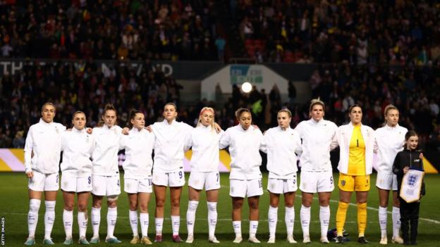 England line-up in the Arnold Clark Cup against Belgium