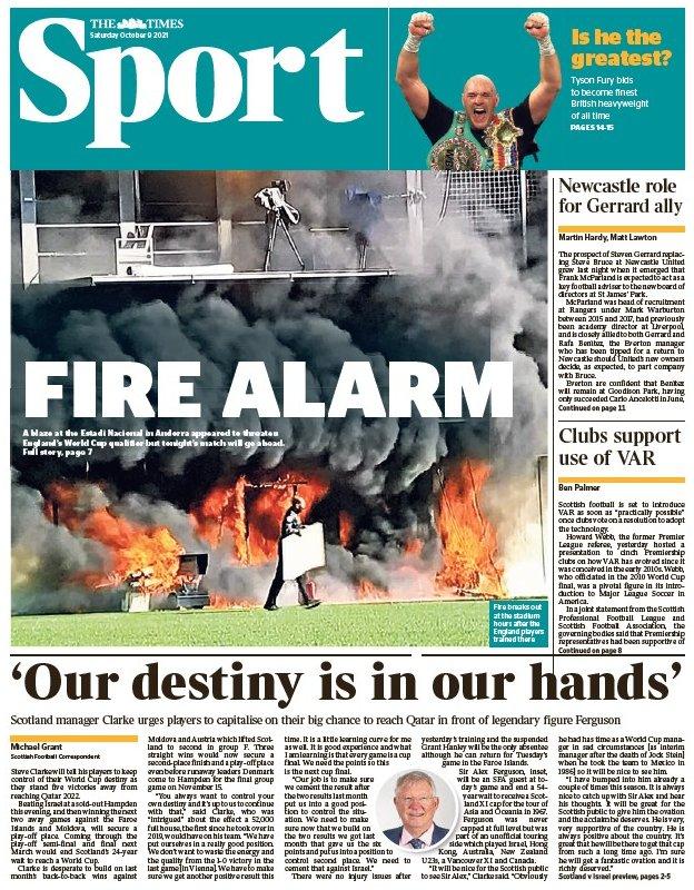 The front page of the sport section of the Scottish edition of The Times on 091021