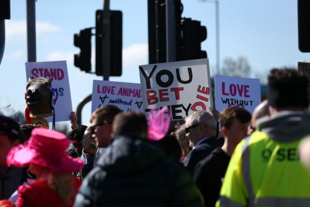 Picture of protestors at Aintree racecourse