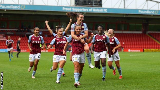 Sarah Mayling celebrates scoring for Aston Villa against Leicester City in the Women's Super League