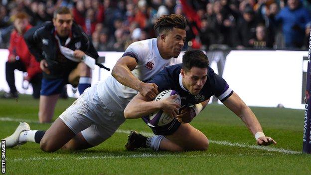 Sean Maitland dives over to score Scotland's second try