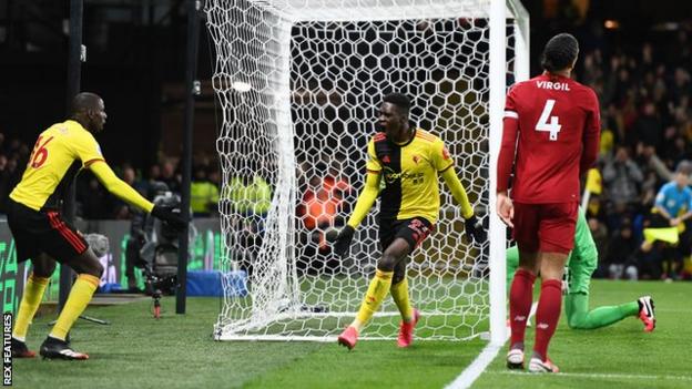 Watford's players celebrate scoring against Liverpool at Vicarage Road in 2020