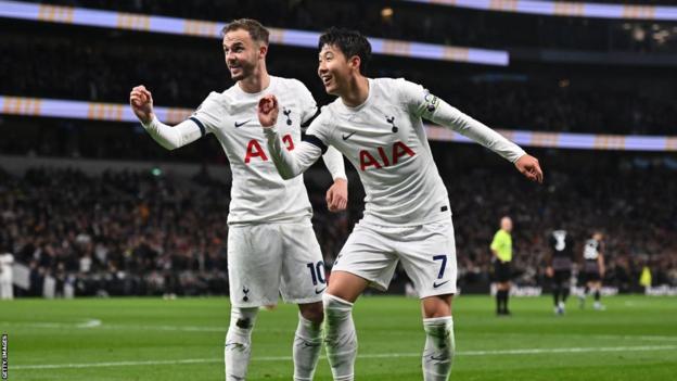 James Maddison celebrates his goal with Tottenham team-mate Son Heung-min