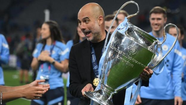 Manchester City manager Pep Guardiola with the Champions League trophy