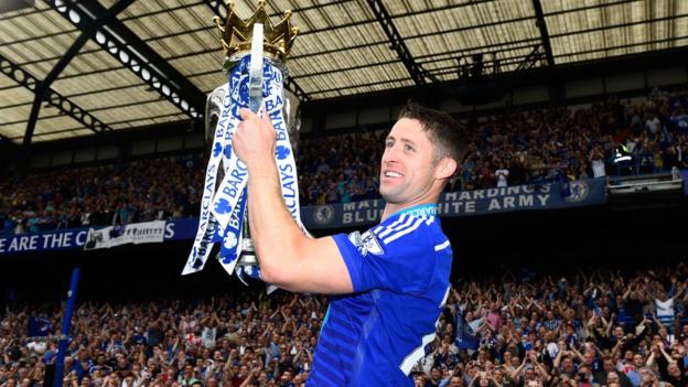 Gary Cahill with the Premier League trophy