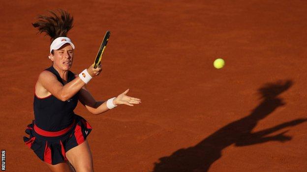 Johanna Konta returns a ball against Irina-Camelia Begu in the Italian Open