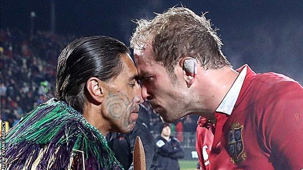 Alun Wyn Jones receives a traditional Maori greeting in New Zealand