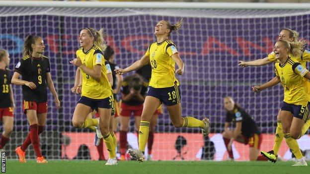 Sweden celebrate scoring against Belgium at Euro 2022