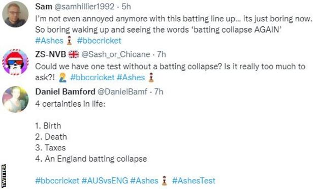 Fans on Twitter discuss England's batting collapse. One user says "I'm not even annoyed anymore with this batting line up... its just boring now"