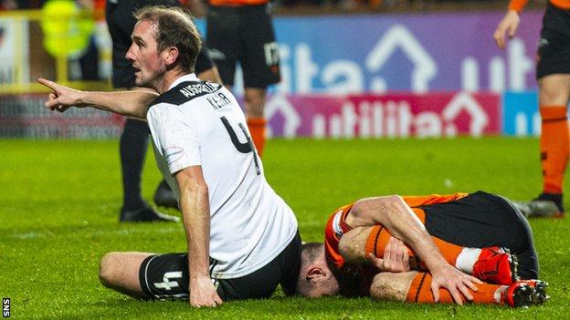 Ayr United player-manager Mark Kerr was sent off against his old club