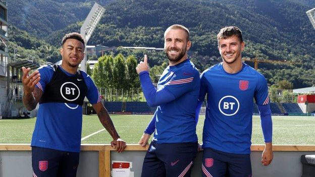 Jesse Lingard, Luke Shaw and Mason Mount at an England training session