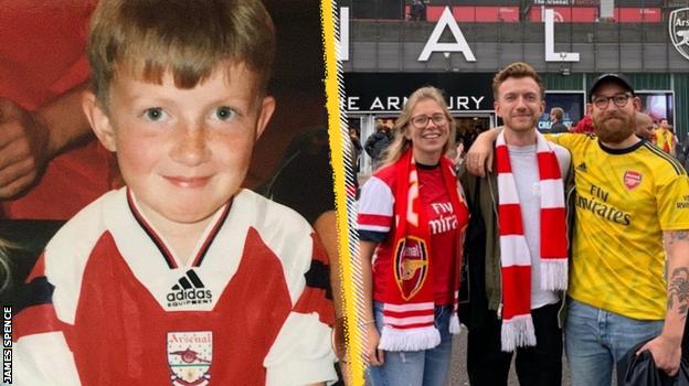 James Spence aged seven (l) and at the Emirates last season with his sister Eleanor and friend Jon Desmond