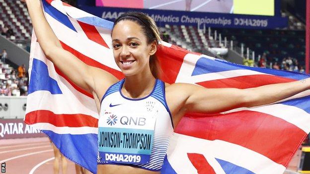 Katarina Johnson-Thompson celebrating with a British flag