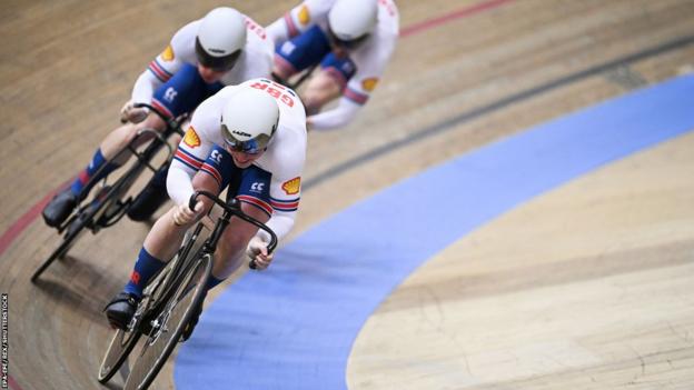 Alistair Fielding of Great Britain leads his team during the Men's Team Sprint