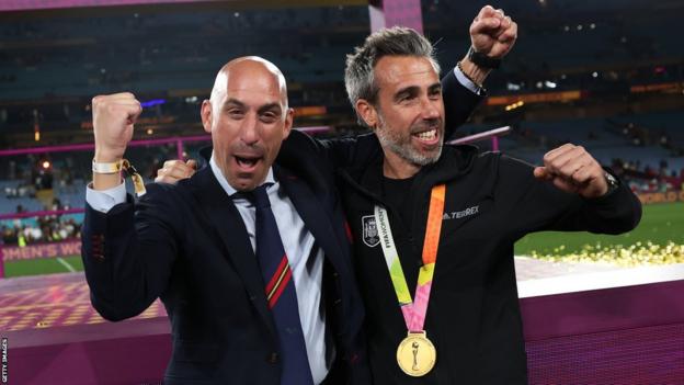 RFEF president Luis Rubiales (left) and Spain women's head coach Jorge Vilda (right) celebrate victory in the Women's World Cup final
