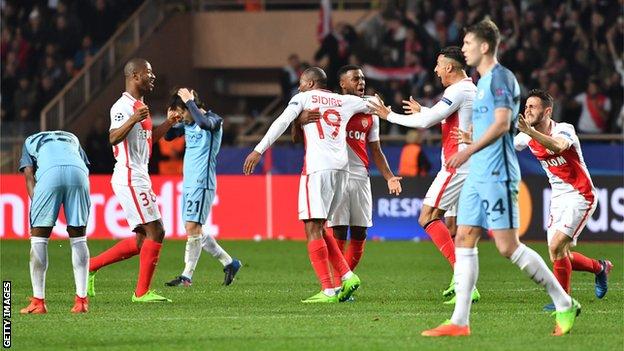 Monaco celebrate their away goals win over Manchester City in the Champions League in 2017