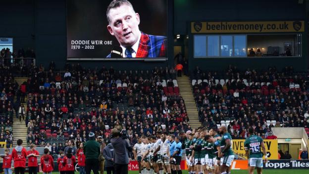 A tribute to the late Doddie Weir on the big screen at Mattioli Woods Welford Road