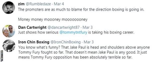Шанувальники критикують можливу бійку між Томмі Ф'юрі та Джейком Полом, оскільки один з них сказав, що це `` показує, наскільки Томмі серйозно ставиться до своєї кар'єри ''.