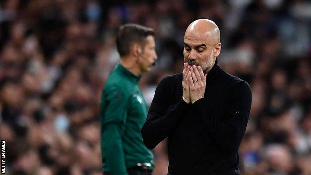 Pep Guardiola reacts during Man City's Champions League loss to Real Madrid