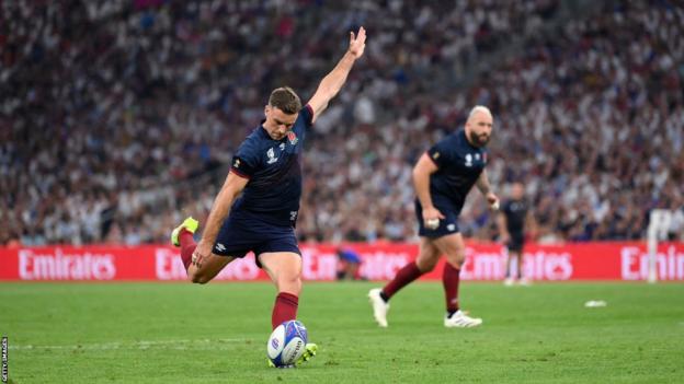 George Ford kicks a penalty for England against Argentina