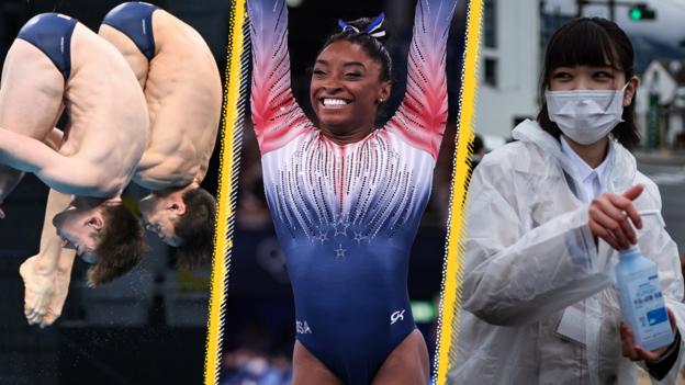 Image montrant Tom Daley, Matty Lee, Simone Biles et un membre du public portant un masque et utilisant un désinfectant pour les mains