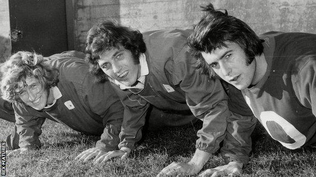Ken Mulhearn with Shrewsbury team-mates Gerry Bridgewood and Dave Roberts shortly after his arrival in November 1971