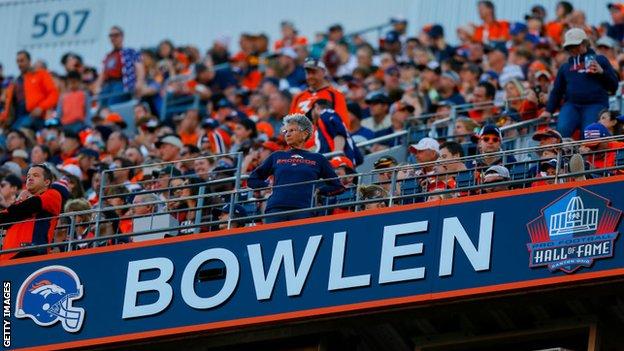 Pat Bowlen's name on the Denver Broncos Ring of Fame with the Pro Football Hall of Fame logo