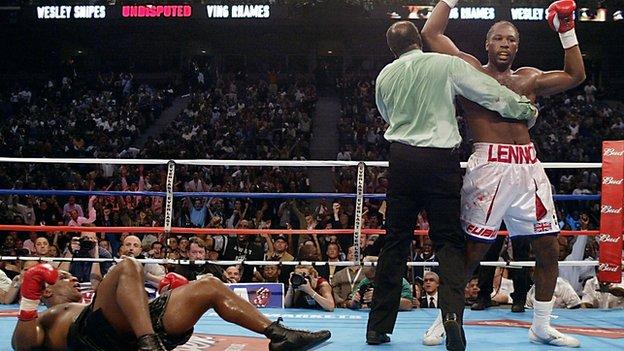 Mike Tyson is knocked out by Lennox Lewis