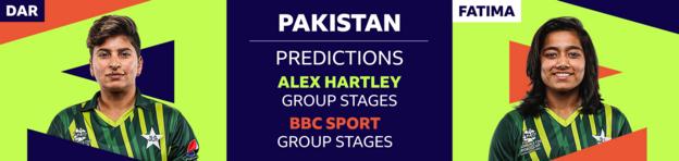 A banner representation  showing Alex Hartley has picked Nida Dar and Fatima Sana arsenic  her 2  Pakistan players to ticker  astatine  the Women's T20 World Cup 2023. Hartley has predicted Pakistan volition  beryllium  eliminated successful  the radical  stages, arsenic  does BBC Sport cricket writer   Ffion Wynne