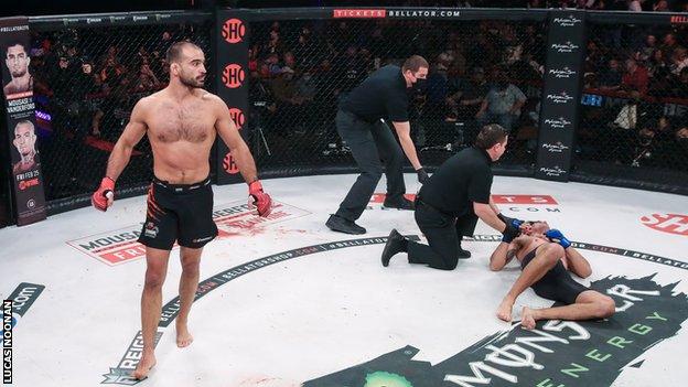 Andrey Koreshkov celebrates victory over Chance Rencountre at Bellator 274