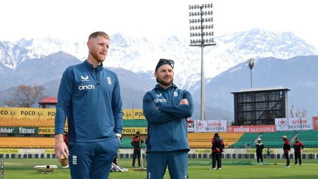 England captain Ben Stokes (left) and head coach Brendon McCullum (right) on the Dharamsala pitch