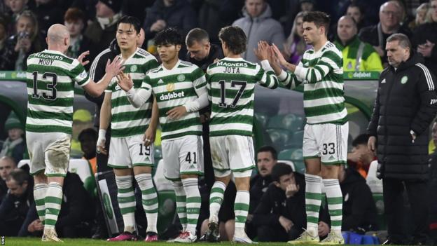 Oh Hyeon-gyu, Reo Hatate and Matt O'Riley head on to add four goals for Celtic