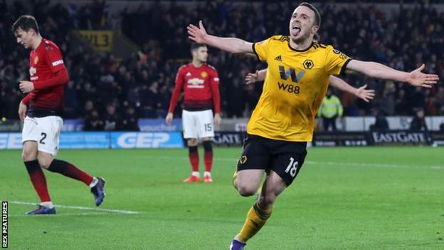 Diogo Jota celebrates scoring for Wolves against Manchester United in the FA Cup in March 2019