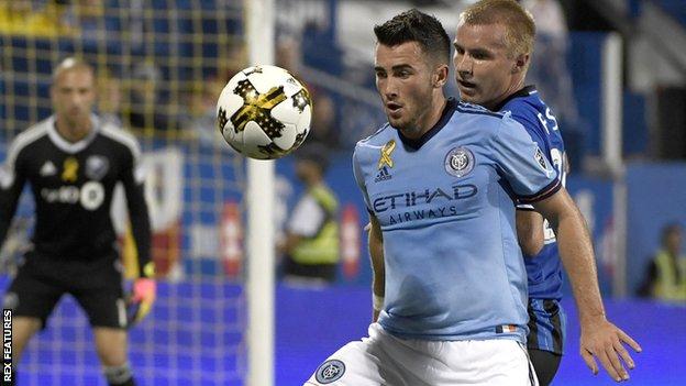New York City midfielder Jack Harrison shields the ball from Montreal Impact defender Kyle Fisher