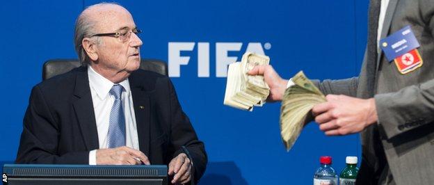 Sepp Blatter (left) and Simon Brodkin