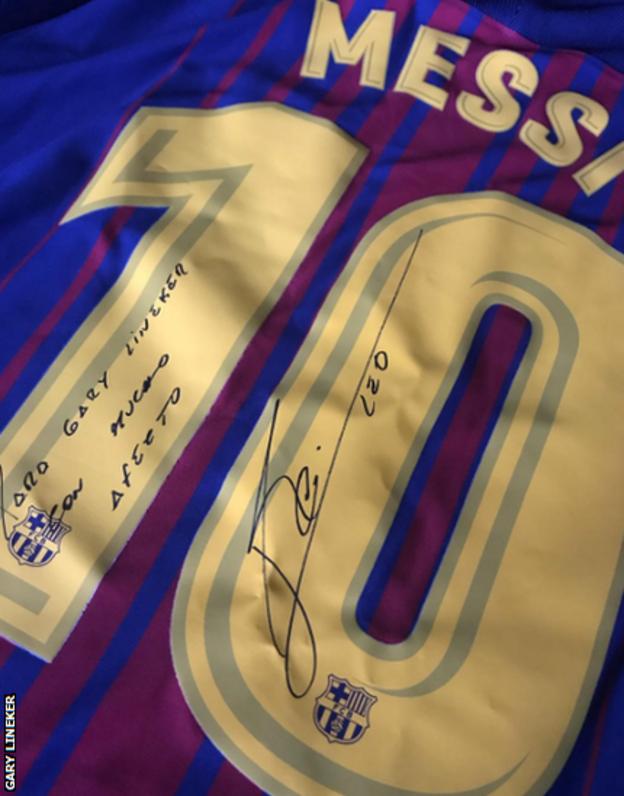 A signed Lionel Messi Barcelona shirt - a gift to Lineker from Fabregas